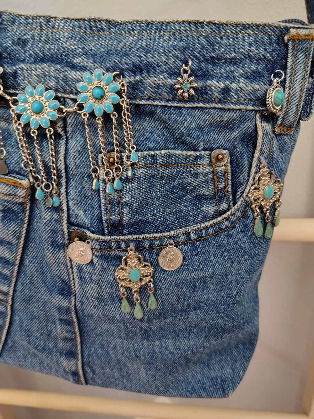 Handmade Y2k Boho Western Denim Crossbody Shoulder Bag with Bead Accents - Blue - Picture 5 of 14